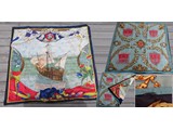 Hermes scarf reversible pillow case 'Columbus' and 'Carosses d\'Or' 67x52. Shown also zipper that connects the 2 scarves. Note, the Columbus scarf has the wrong date for the discovery of America :-) 